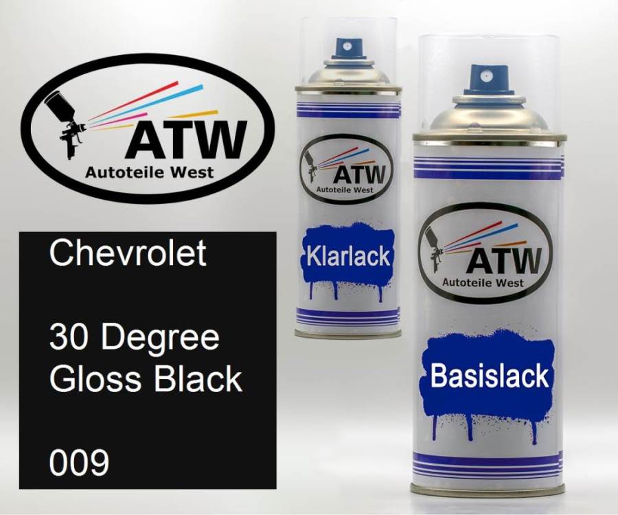 Chevrolet, 30 Degree Gloss Black, 009: 400ml Sprühdose + 400ml Klarlack - Set, von ATW Autoteile West.